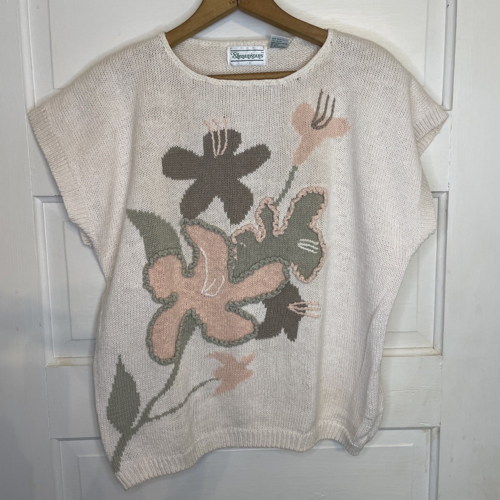 Vintage 80s 90s Short Sleeve‎ Box Sweater Neutral Cozy Soft Girl Feel Large